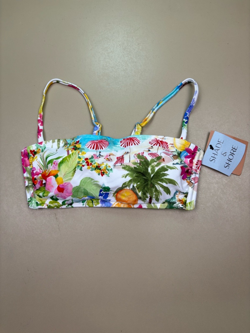 Shade & Shore Bikini Top Tropical Print Bandeau Tie Back Straps S